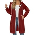 thumbnail image 1 of Women's Long Hooded Sweatshirt Plus Size Casual Pullover Coat With Drawstring Pockets Red S, 1 of 6