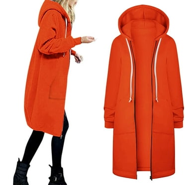 Women's Long Hoodie, Ladies Zip Up Plain Sweatshirts with Pockets Fashion Chic Long Sleeves Fleece Basic Longline Hooded Jackets Loose Casual Hoody Coats Plus Size Autumn Outwear