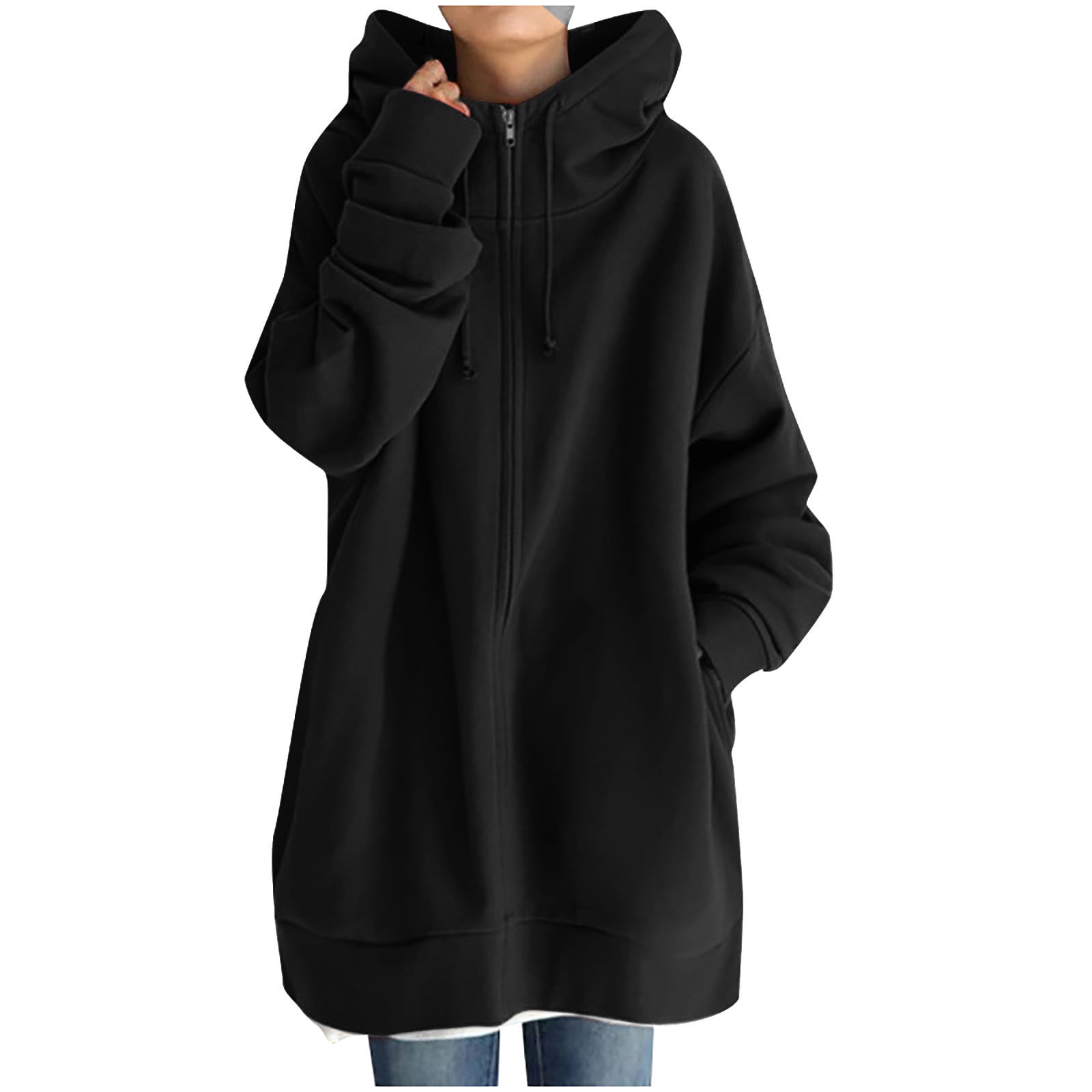 Women s Long Hoodies Fall Winter Fleece Tunic Sweatshirt Jackets Oversized Casual Zip Up Hooded Sweatshirt with Pockets Walmart Business Supplies