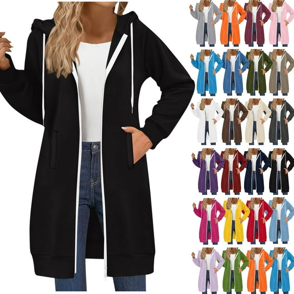 Women's Long Hoodies Tunic Winter Jackets Casual Zip up Hoodies Soft Sherpa Sweatshirts Warm Long Coats Black M