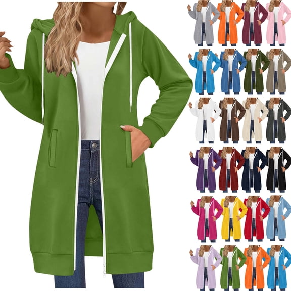 Women's Long Hoodies Tunic Winter Jackets Casual Zip up Hoodies Soft Sherpa Sweatshirts Warm Long Coats Green 2XL