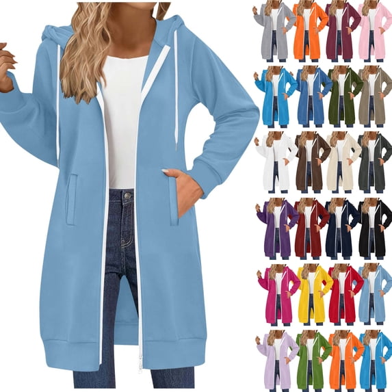 Women's Long Hoodies Tunic Winter Jackets Casual Zip up Hoodies Soft Sherpa Sweatshirts Warm Long Coats Light Blue S