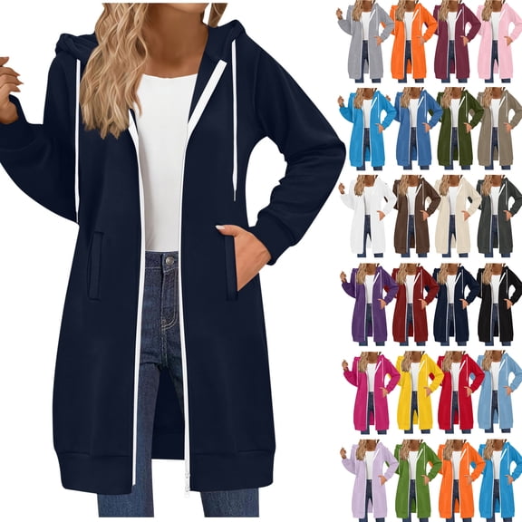 Women's Long Hoodies Tunic Winter Jackets Casual Zip up Hoodies Soft Sherpa Sweatshirts Warm Long Coats Navy 2XL