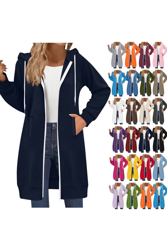Women's Long Hoodies Tunic Winter Jackets Casual Zip up Hoodies Soft Sherpa Sweatshirts Warm Long Coats Navy M