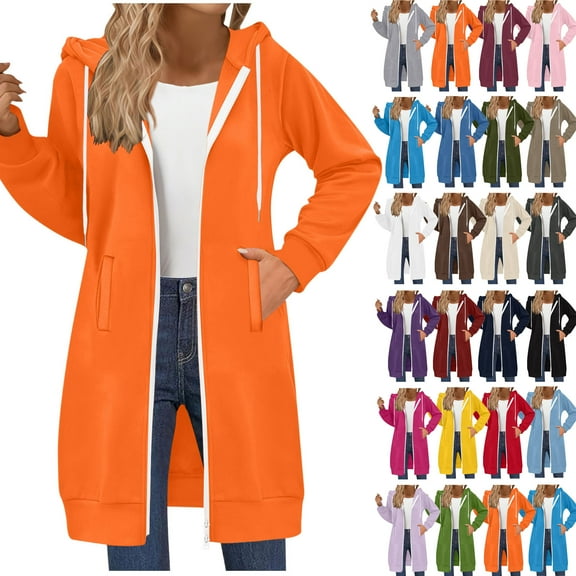 Women's Long Hoodies Tunic Winter Jackets Casual Zip up Hoodies Soft Sherpa Sweatshirts Warm Long Coats Orange L