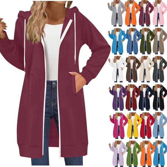 Women's Long Hoodies Tunic Winter Jackets Casual Zip up Hoodies Soft Sherpa Sweatshirts Warm Long Coats Wine XL