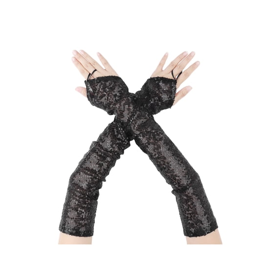 Women's Long Hook Finger Sequins Fingerless Arm Sleeves Shiny Bling Cosplay Gloves for Female Costume Vintage Opera Dance Party Black