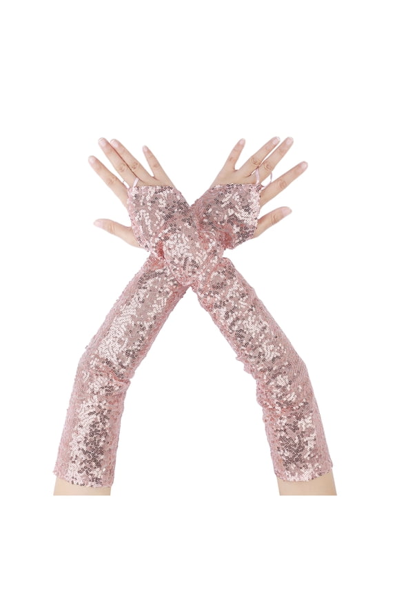Women's Long Hook Finger Sequins Fingerless Arm Sleeves Shiny Bling Cosplay Gloves for Female Costume Vintage Opera Dance Party Rose Pink