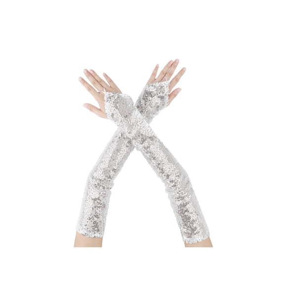 Women's Long Hook Finger Sequins Fingerless Arm Sleeves Shiny Bling Cosplay Gloves for Female Costume Vintage Opera Dance Party Silver