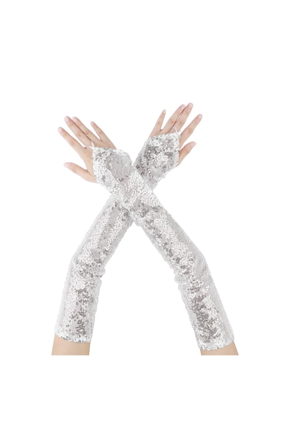 Women's Long Hook Finger Sequins Fingerless Arm Sleeves Shiny Bling Cosplay Gloves for Female Costume Vintage Opera Dance Party Silver