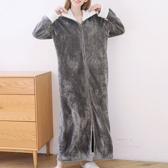Women's Long Housecoat Fuzzy Fleece Robes Oversized Zipper Thickened Warm Winter Cozy Full Length Bathrobe New Sleepshirts for Women Soft Gray L