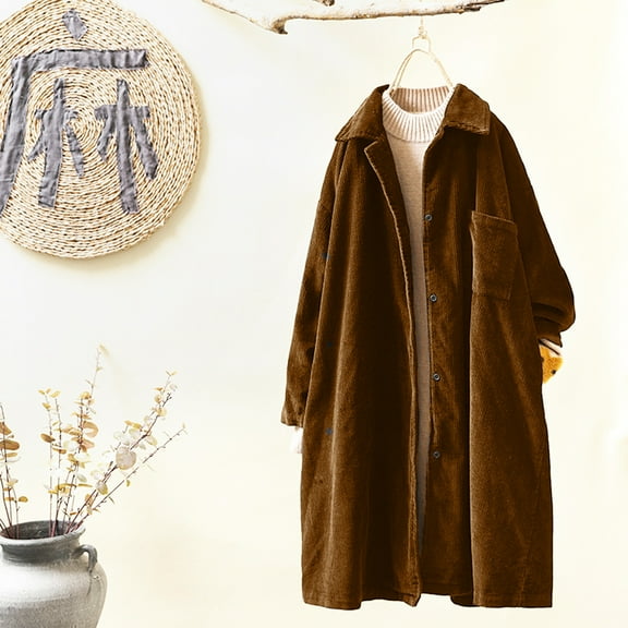 Women's Long Jackets Corduroy Shirt, Long Sleeve Button Blouses Tops with Pockets, Plus Size Loose Overcoat Trench Coats Warm Jackets Brown M