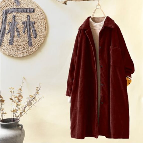 Women's Long Jackets Corduroy Shirt, Long Sleeve Button Blouses Tops with Pockets, Plus Size Loose Overcoat Trench Coats Womens Long Coat Wine 3XL