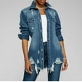 thumbnail image 1 of Women's Long Jean Jacket, Vintage Distressed Button Long Sleeve Oversized Denim Trucker Jean Jackets Streetwear Dark Blue L, 1 of 9