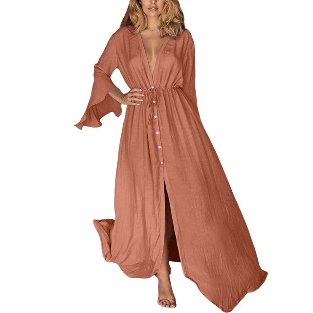 Women's Long Kimono Maxi Bohemian Dress Long Sleeve Beach Coverup Robe Plus Size Button Down Flowy Dresses