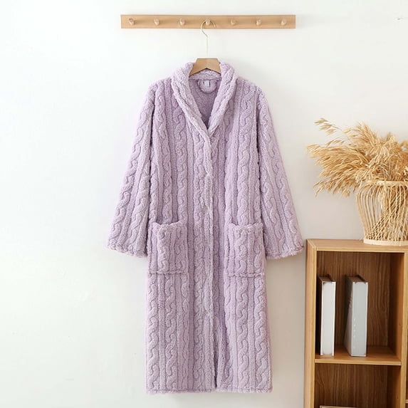 Women's Long Kimono Robe with Collar and Button Closure for Cozy Home Loungewear and Relaxation