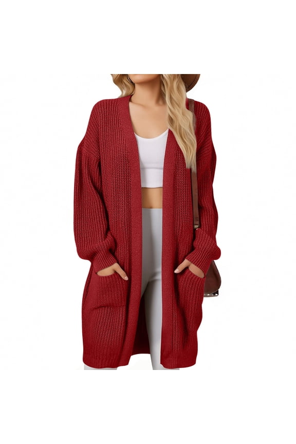 Women's Long Knit Cardigan Sweater, Solid Color Open Front Duster, Loose Fit Pocketed Sweater, Casual Spring Summer Cover Up, Lightweight Oversized Cardigan Wine XXL