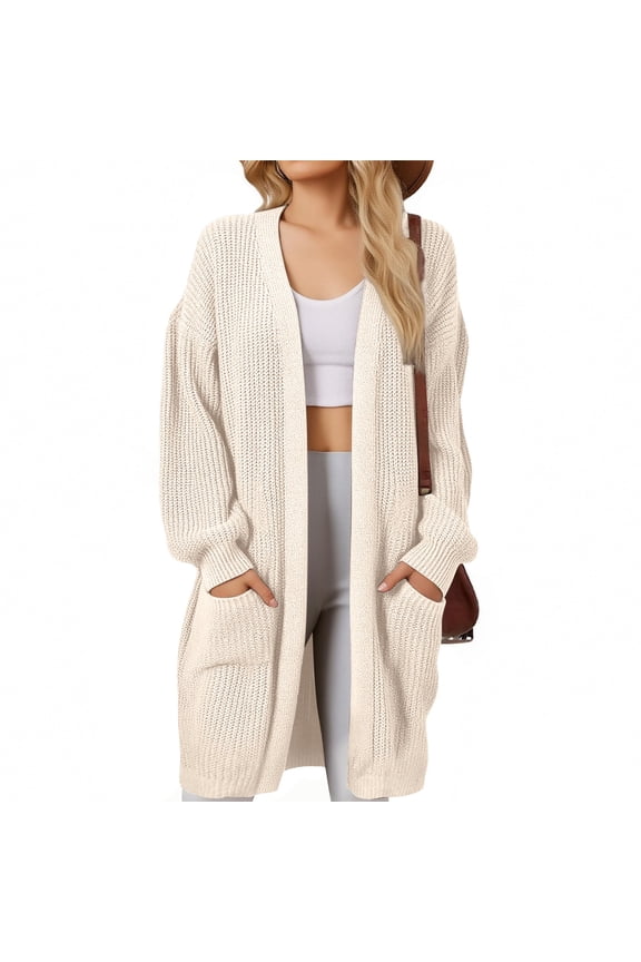 Women's Long Knit Cardigan Sweater, Solid Color Open Front Duster, Loose Fit Pocketed Sweater, Casual Spring Summer Cover Up, Lightweight Oversized Cardigan Beige XXL