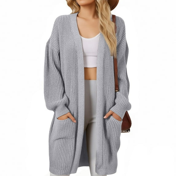 Women's Long Knit Cardigan Sweater, Solid Color Open Front Duster, Loose Fit Pocketed Sweater, Casual Spring Summer Cover Up, Lightweight Oversized Cardigan Light Ashy XXXL