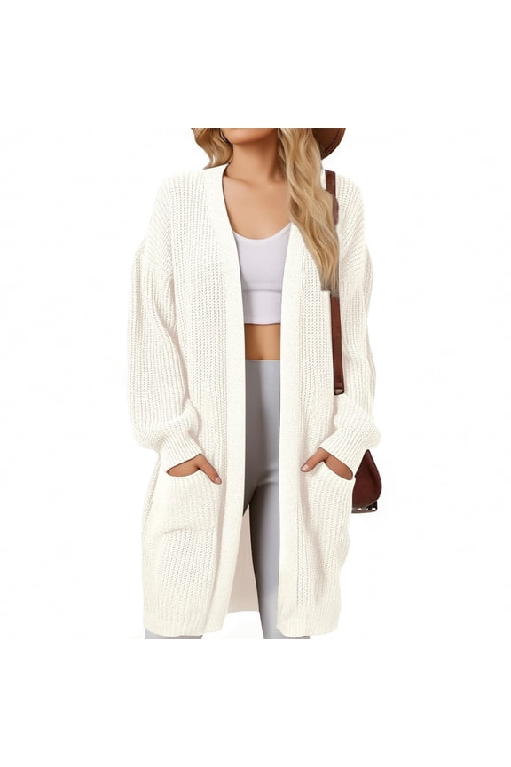 Women's Long Knit Cardigan Sweater, Solid Color Open Front Duster, Loose Fit Pocketed Sweater, Casual Spring Summer Cover Up, Lightweight Oversized Cardigan White M