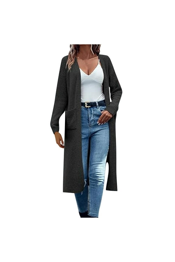 Women's Long Knit Cardigan with Pockets, Soft Acrylic Casual Open Front Sweater, Comfortable Loungewear Cover Up for Daily Wear