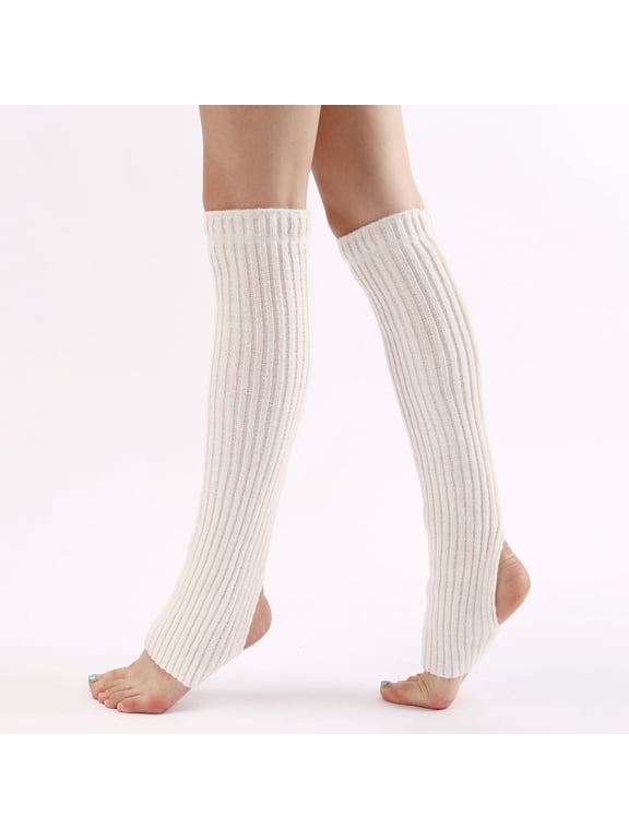 Women's Long Knitted Leg Warmers with Stirrup Strap, Ribbed Dance Warmers for Ballet Yoga, for Winter Boots Outfits, Dance Practice or Daily Warmth Comfort White