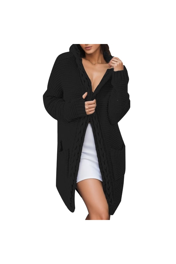 Women's Long Knitted Sweater Coat With Cable Knit Hooded Pocketed Cardigan