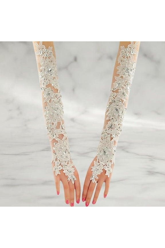 Women's Long Lace Fingerless Gloves Sheer Mesh Tulle Elbow Length Gloves
