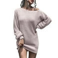 thumbnail image 1 of Women's Long Lantern Sleeve Knit Dresses V Neck One Shoulder Mini Dress Casual Fall Winter Fashion Sweater Dress S-XL, 1 of 6