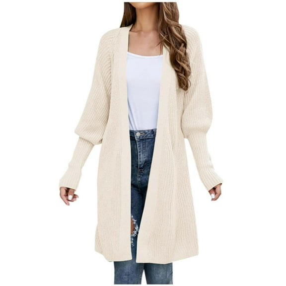 Women's Long Lantern Sleeve Open Front Cable Knit Loose Cardigan Sweater Solid Color Casual Comfy Fall Outwear with Belt Womens Clothes