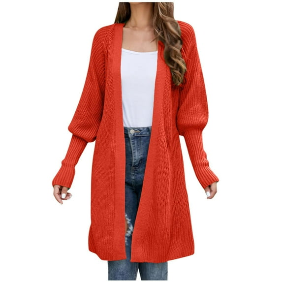 Women's Long Lantern Sleeve Open Front Cable Knit Loose Cardigan Sweater Solid Color Casual Comfy Fall Outwear with Belt