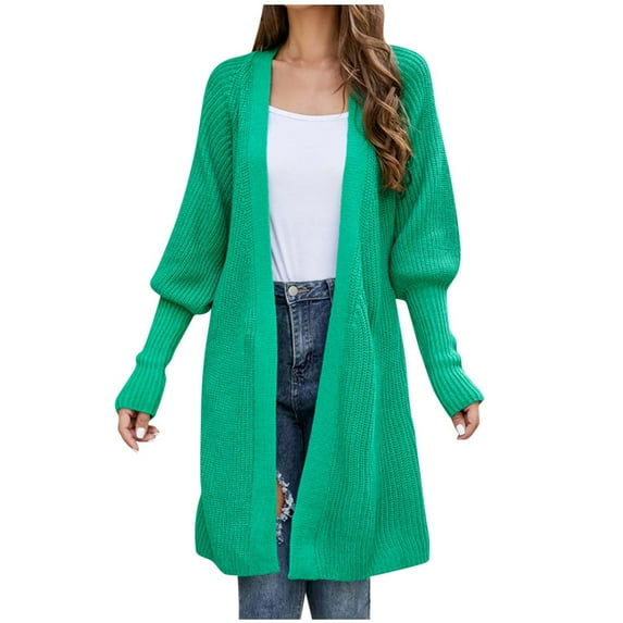 Women's Long Lantern Sleeve Open Front Cable Knit Loose Cardigan Sweater Solid Color Casual Comfy Fall Outwear with Belt