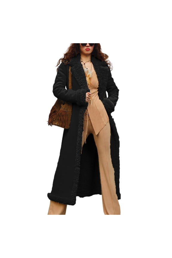 Women’s Long Lapel Open Front Faux Shearling Coat Full Length Plush Outerwear Winter Warm Overcoat with Pockets