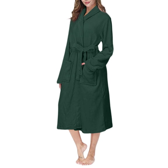 Women's Long Lapel Plush Bathrobe - Solid Color Thick Winter Homewear, Olive Green, XXL