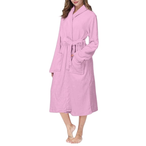 Women's Long Lapel Plush Bathrobe - Solid Color Thick Winter Homewear, Pink, XXL