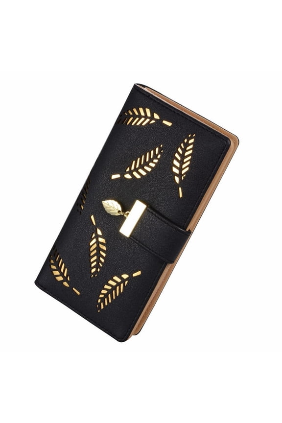 Women's Long Leaf Bifold Wallet Leather Card Holder Purse Zipper Buckle Elegant Clutch Wallet Handbag for Women-Black, 3.54x1.18x7.4"