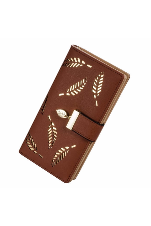 Women's Long Leaf Bifold Wallet Leather Card Holder Purse Zipper Buckle Elegant Clutch Wallet Handbag for Women-Coffee, 3.54x1.18x7.4"