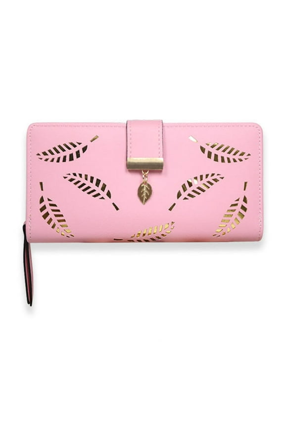 Women's Long Leaf Bifold Wallet Leather Card Holder Purse Zipper Buckle Elegant Clutch Wallet Handbag for Women - Hot Pink