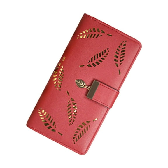 Women's Long Leaf Bifold Wallet Leather Card Holder Purse Zipper Buckle Elegant Clutch Wallet Handbag for Women-Red, 3.54x1.18x7.4"