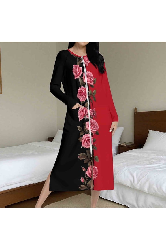 Women's Long Length Robe with Zipper and Pockets for Cozy Winter Nights and Home Wear
