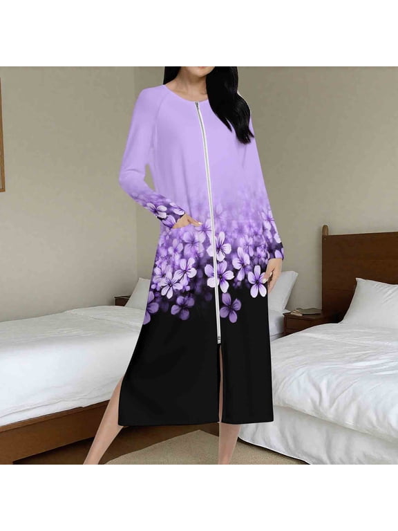 Women's Long Zipper Robe with Pockets Winter Cozy Bathrobe Zip Up