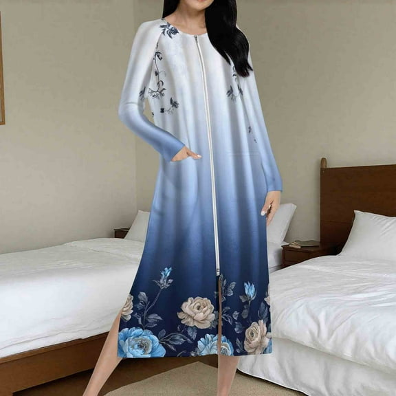 Women's Long Zipper Robe with Pockets Winter Cozy Bathrobe Zip Up