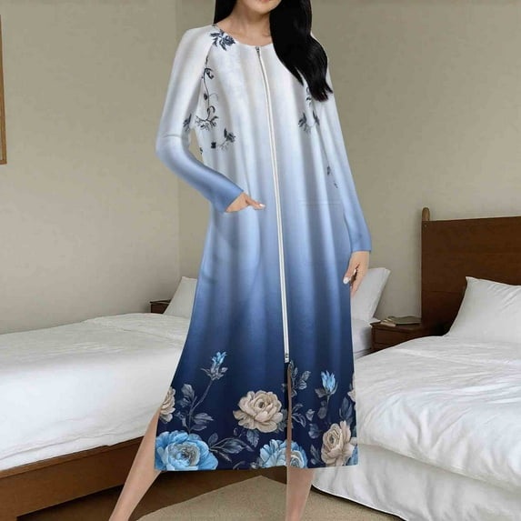 Women's Long Length Robe with Zipper and Pockets for Cozy Winter Nights and Home Wear