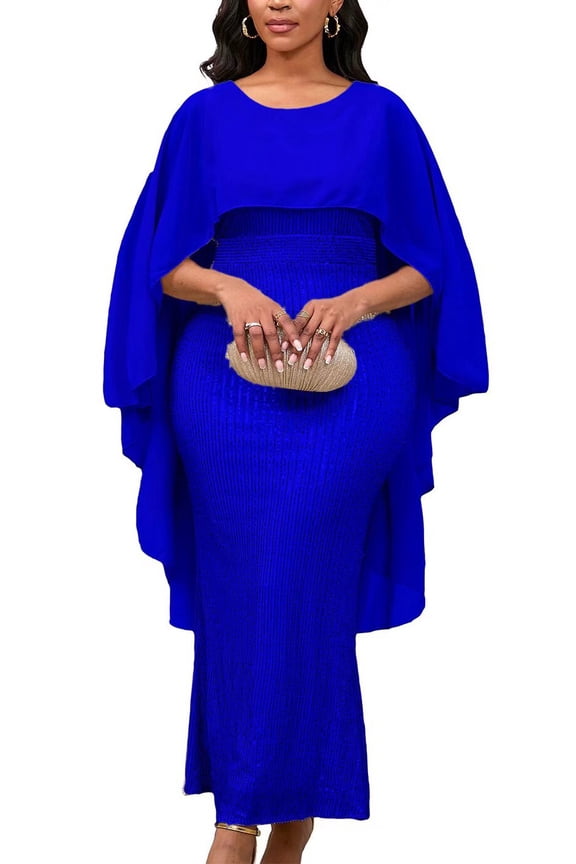 Women's Long Length Sequin Chiffon Beaded Capelet Dress, Formal Gown Party dress