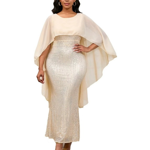 Women's Long Length Sequin Chiffon Beaded Capelet Dress, Formal Gown Party dress