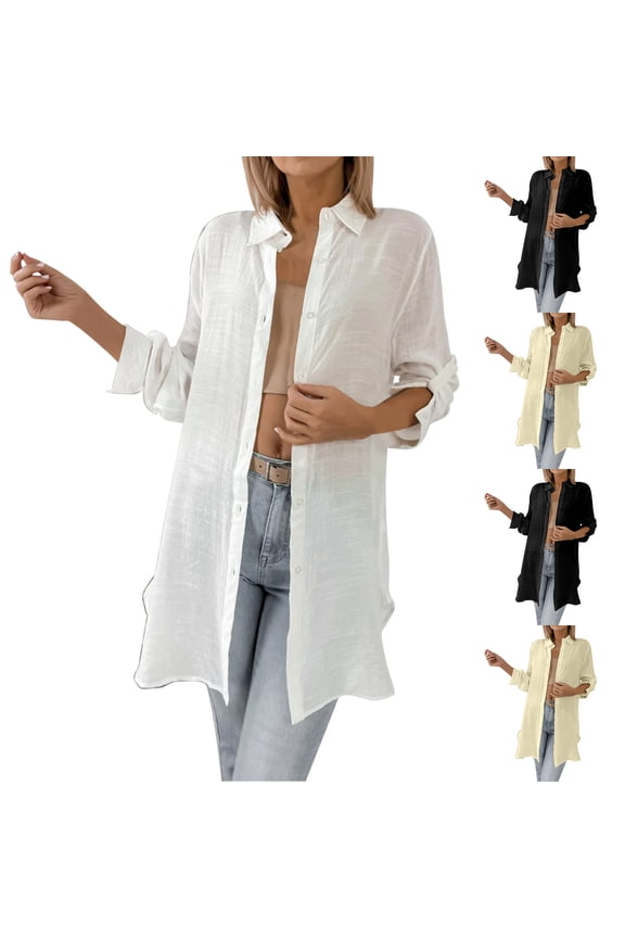 Women's Long Loose Fit Casual Shirt Coat Jacket Outerwear for Women, Lightweight Longline Tunic Top for Summer Fashion | CSEONE,White L
