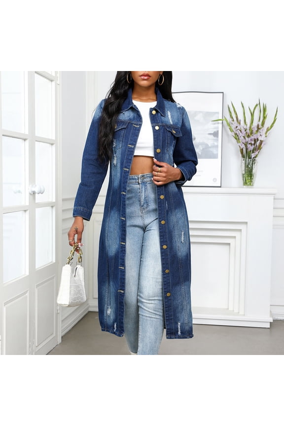 Women's Long Maxi Distressed Denim Trench Coat Lapel Full Button Long Sleeve Jean Outwear Jacket Blue XXL
