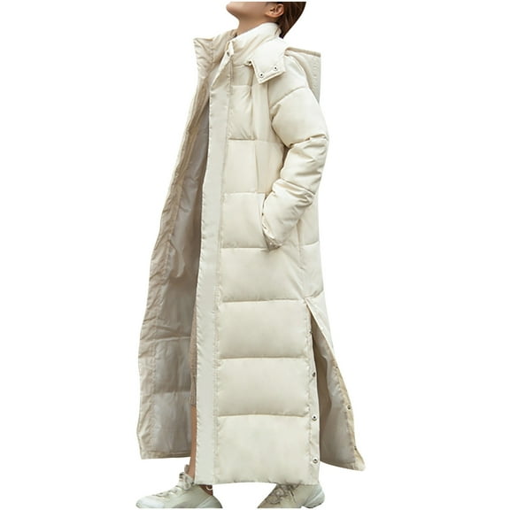 Women's Long Maxi Down Coat with Removable Hood Winter Warm Thickened Parka Puffer Jacket Casual Fashion Side Split Loose Fit Overcoat Outwear