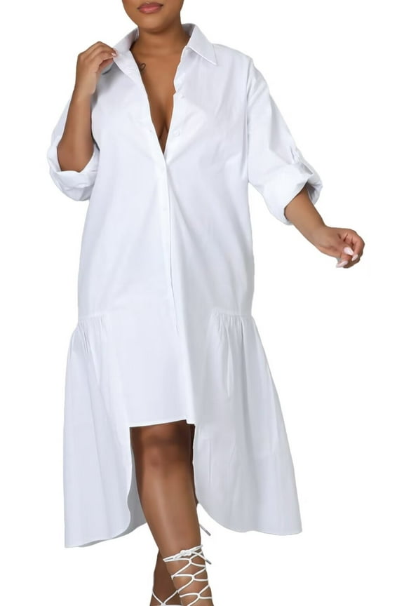 Women's Long Maxi Shirt Dress – Plus Size Classic Floor Length Solid One Piece