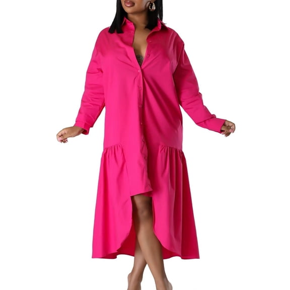 Women's Long Maxi Shirt Dress – Plus Size Classic Floor Length Solid One Piece